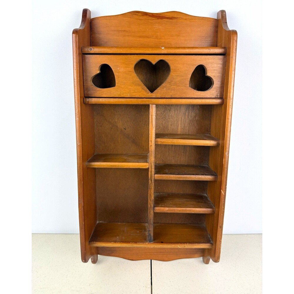 Wood Wall Mounted Shelf 5 Shelves Heart Cutouts Brown Medium Tone 35x23x5